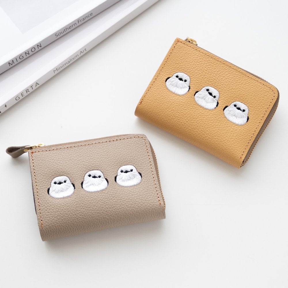 BOX型コインケース付き L字ウォレット 【 シマエナガ 】 刺繍 本革 ミニ財布 ギフト