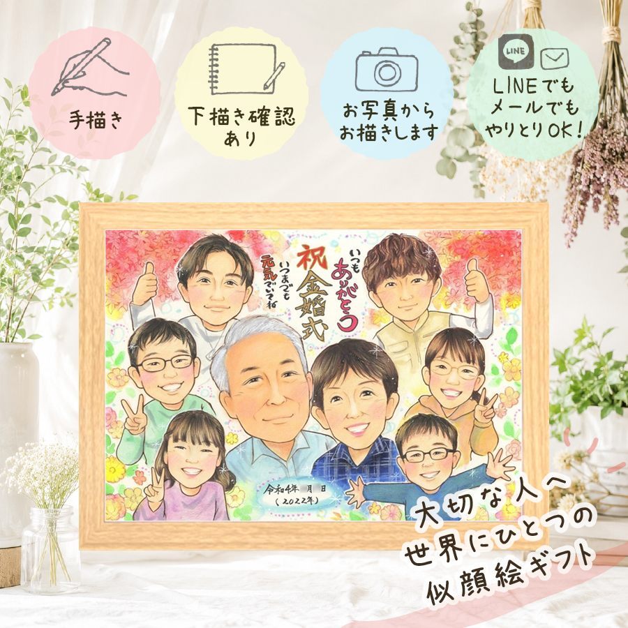 金婚式 似顔絵 贈り物 手描き ギフト プレゼント 名入れ 金婚式 お祝い 記念日 結婚記念日 結婚50周年 大人数 祖父母 両親 夫婦 お父さん 家族 お母さん 修正無料 下書き確認 名入れ 実績多数 喜ばれる かわいい サプライズ 50周年 思い出 長寿 感謝 感動 引っ越し 結婚祝い バレンタインデー 色紙 白寿祝い 二次会 イラスト 古希祝い 還暦祝い
