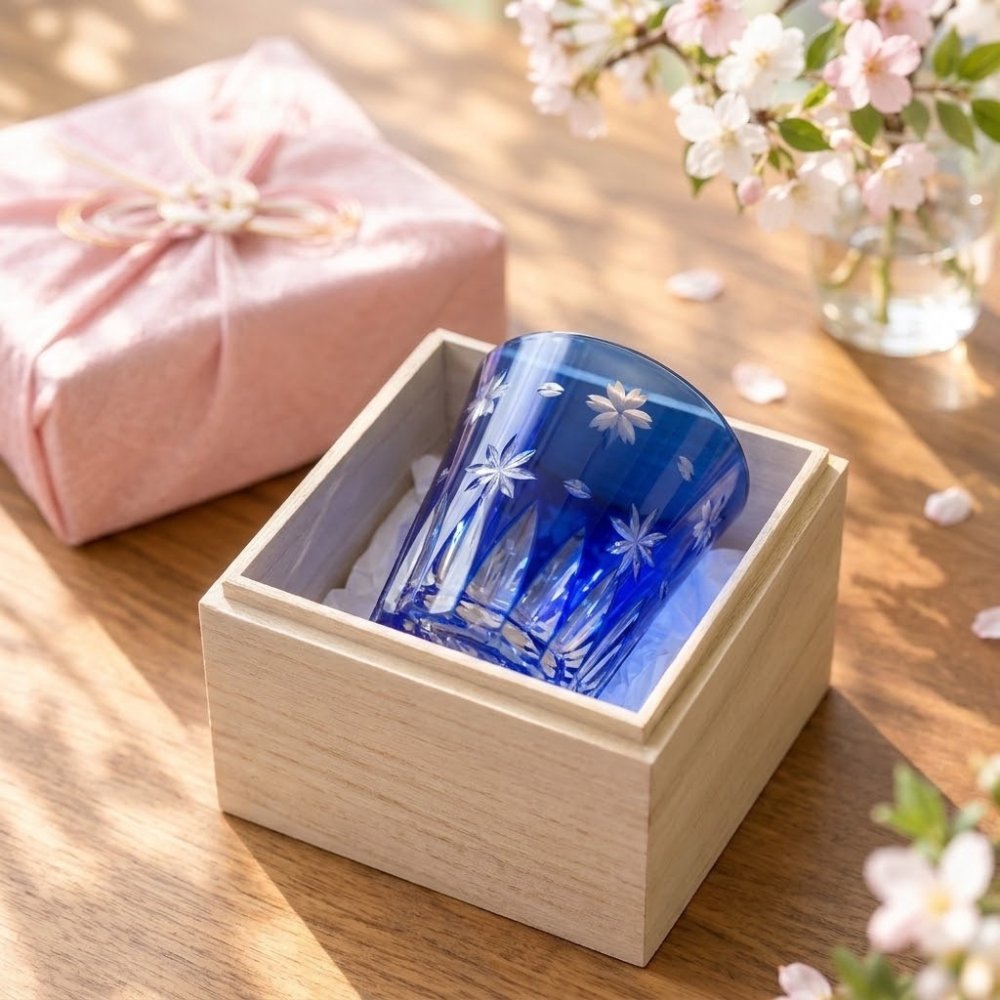  【全2色より選べる】 ギフト桐箱入り 切子グラス 富士桜 青 赤 コップ ギフト プレゼント インバウンド 富士山