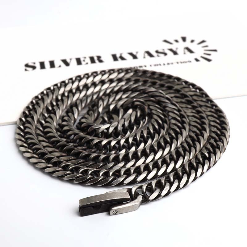 ステンレス 定番 ダブル喜平ネックレス 幅5mm 細身 チェーンネックレス メンズネックレス 6面カット 燻し アンティークシルバー 45cm 50cm 60cm 細め シンプル 王道 中折れ式 存在感 男性 金属アレルギー対応