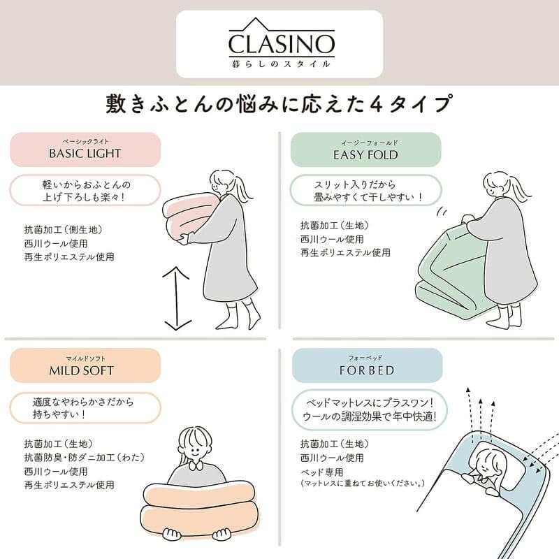 敷布団 西川 軽量 シングル ダブル ロング 日本製 西川リビング クラシノ マイルドソフト 敷きふとん 羊毛混 らくかる 抗菌加工で清潔 西川牧場ウール使用 BASIC LIHGT 新生活 ad02239022 母の日