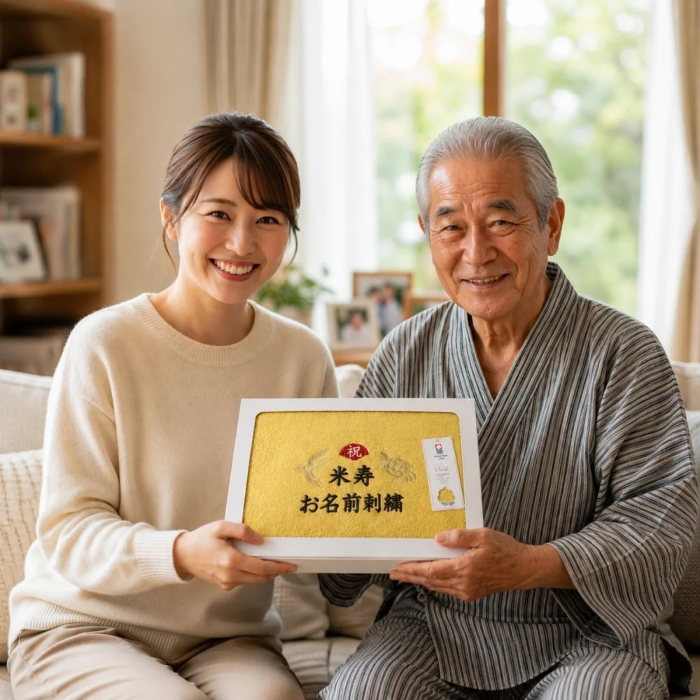 米寿祝い 88歳 名入れ刺繍付き 今治オーガニック フェイスタオル イエロー 箱入り ギフト