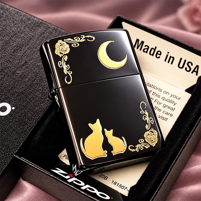 ZIPPO ライター ネコ ブラック ゴールド ジッポ 猫 可愛い 黒金 月 薔薇 女性 レディース ねこ かわいい おしゃれ バラ ギフト プレゼント