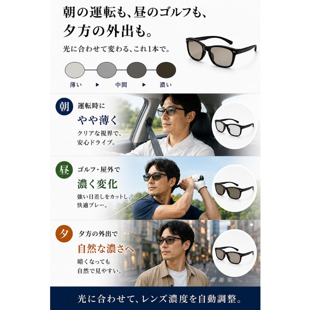 【ラッピング無料】Gran Walker グランウォーカー 偏光サングラス 瞬間調光 UV400 ギフト 車用品 日除け 日焼け対策 自転車 ゴルフ サングラス メンズ キャンプ