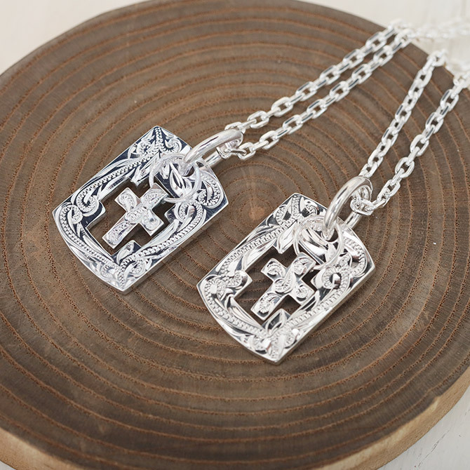 ハワイアンジュエリー ネックレス シルバー ネックレス 刻印 無料 誕生石入れ可 クロスプレート ドックタグ Wプレート シンプル シルバー925 ギフトラッピング可能 チェーン 長さ選べる プレゼント ハロウィン 【品番：CG-SP2550】