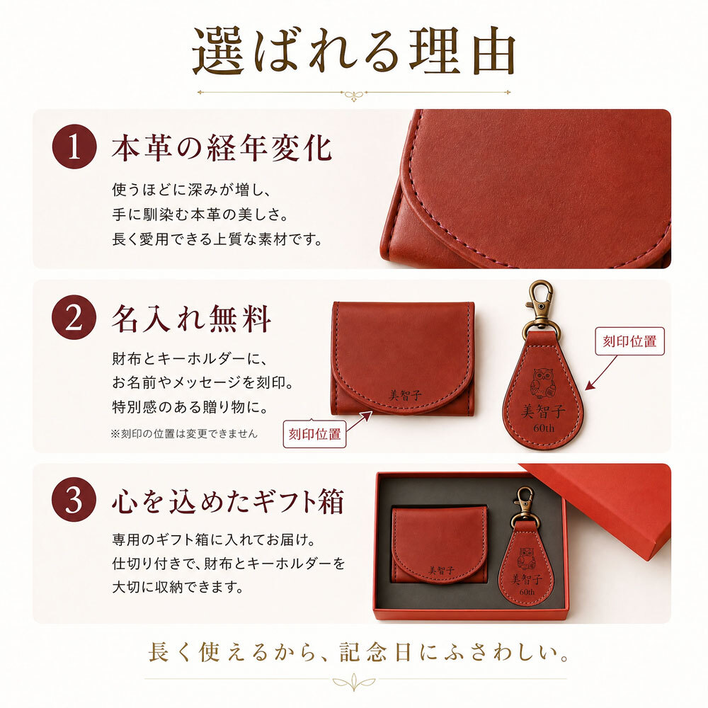 【還暦祝い】名入れ無料 栃木レザー 敬老の日 小銭入れ キーホルダー 2点セット 日本製 本革 牛革 財布 コンパクト コインケース 刻印 メンズ レディース 贈り物 ギフト箱 ラッピング付 実用的 60歳 記念品  ふくろう 富士山 縁起物 父親 母親 祖父 祖母 義父 義母