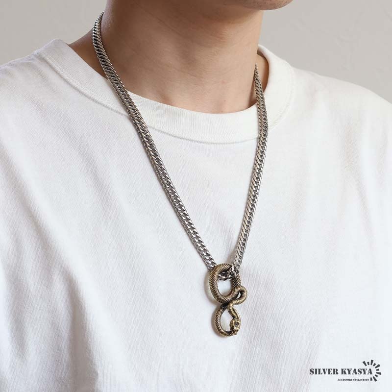 ステンレス スネークネックレス ヘビ ペンダントネックレス ダブル喜平チェーン 6面カット ごつめ ゴールド シルバー 燻し アニマル ユニーク リアル 鱗 メンズ 男性 金属アレルギー対応