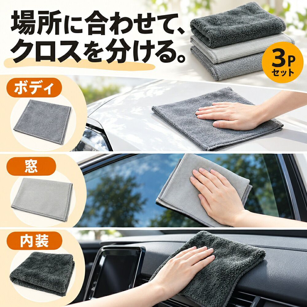 洗車タオル 洗車クロス 3枚セット 40×40 超吸水 大判 マイクロファイバー 吸水力 給水タオル 使い分け ボディ フロントガラス 窓  内装 乾きやすい 傷つかない 傷防止 拭き上げ