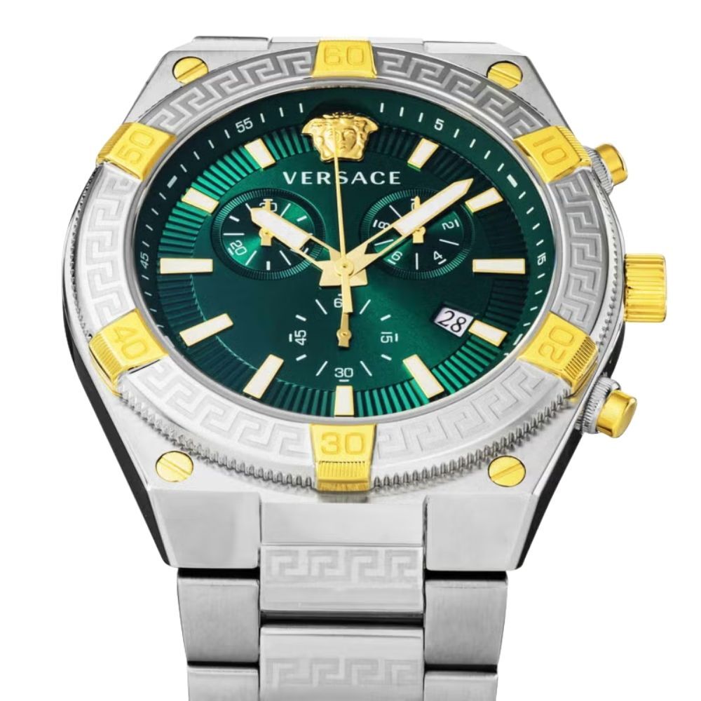 ヴェルサーチェ 腕時計 メンズ グリーン シルバー ゴールド クロノグラフ 46mm VERSACE SPORTY GRECA スポーティ グレカ スイス製 メンズ腕時計 高級 ブランド おしゃれ プレゼント ギフト 卒業 入学 お祝い