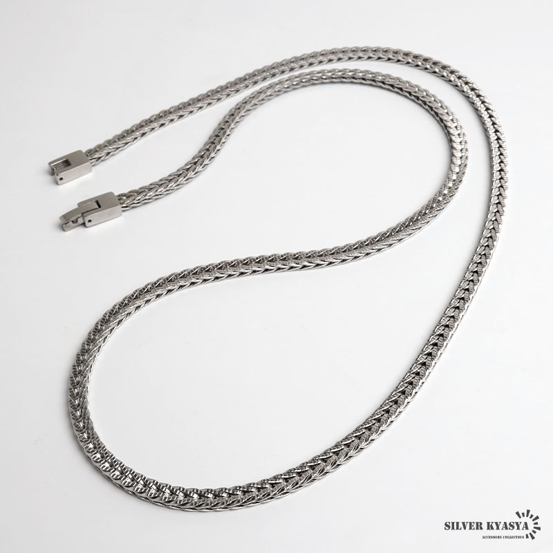 ステンレス 幅4mm フォックステールチェーンネックレス 3カラー メンズ ウィート 中折れ式 留め具 ブラック 腕輪 アクセサリー 角張ったデザイン 編み込み風 立体感 シャープ クール 大人 カジュアル モード 金属アレルギー対応