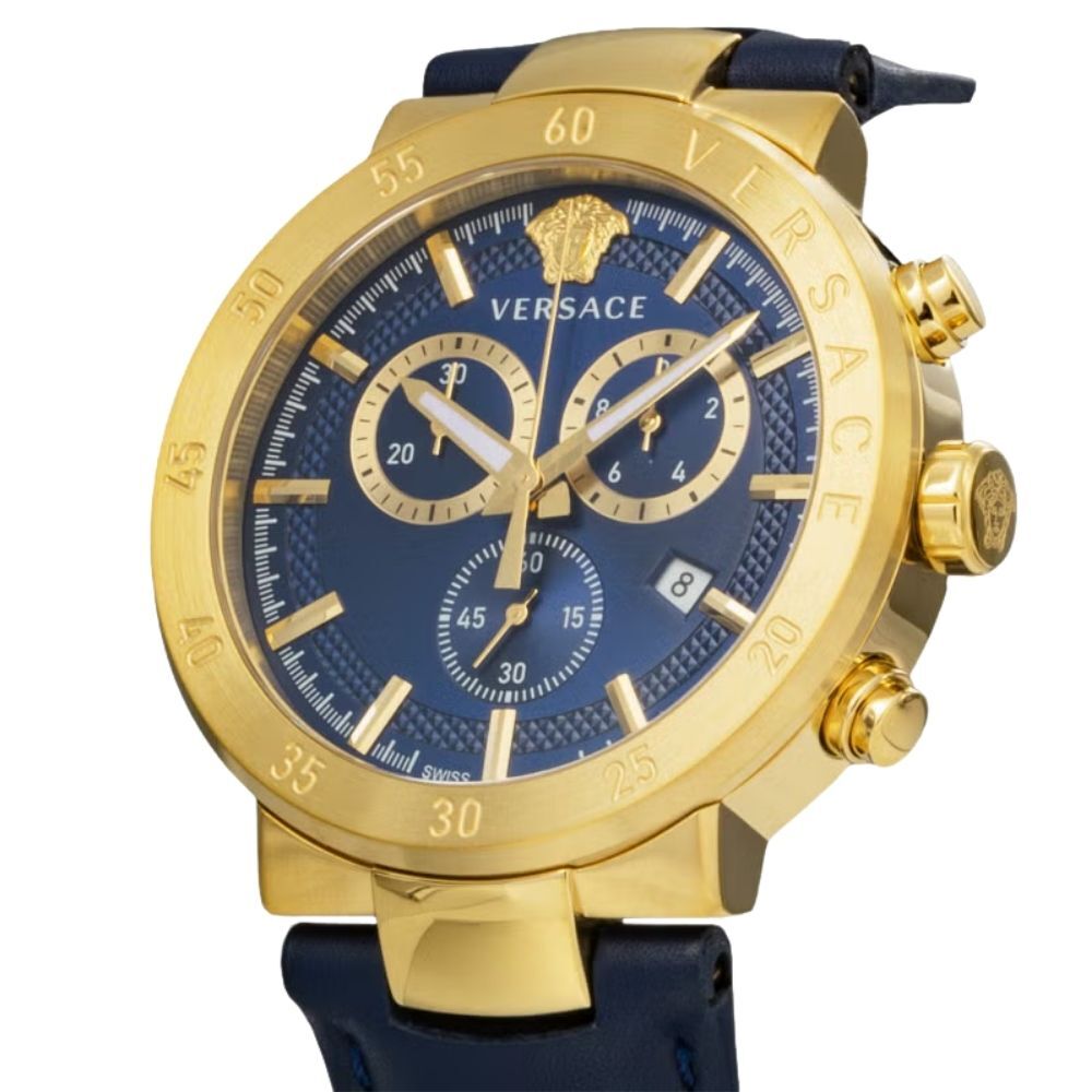 ヴェルサーチ 腕時計 メンズ アーバンミスティーク 1本限り クロノグラフ ブルー ネイビー ゴールド レザー 44mm VERSACE URBAN MYSTIQUE スイス製 サファイアガラス プレゼント ギフト 成人 卒業 入学