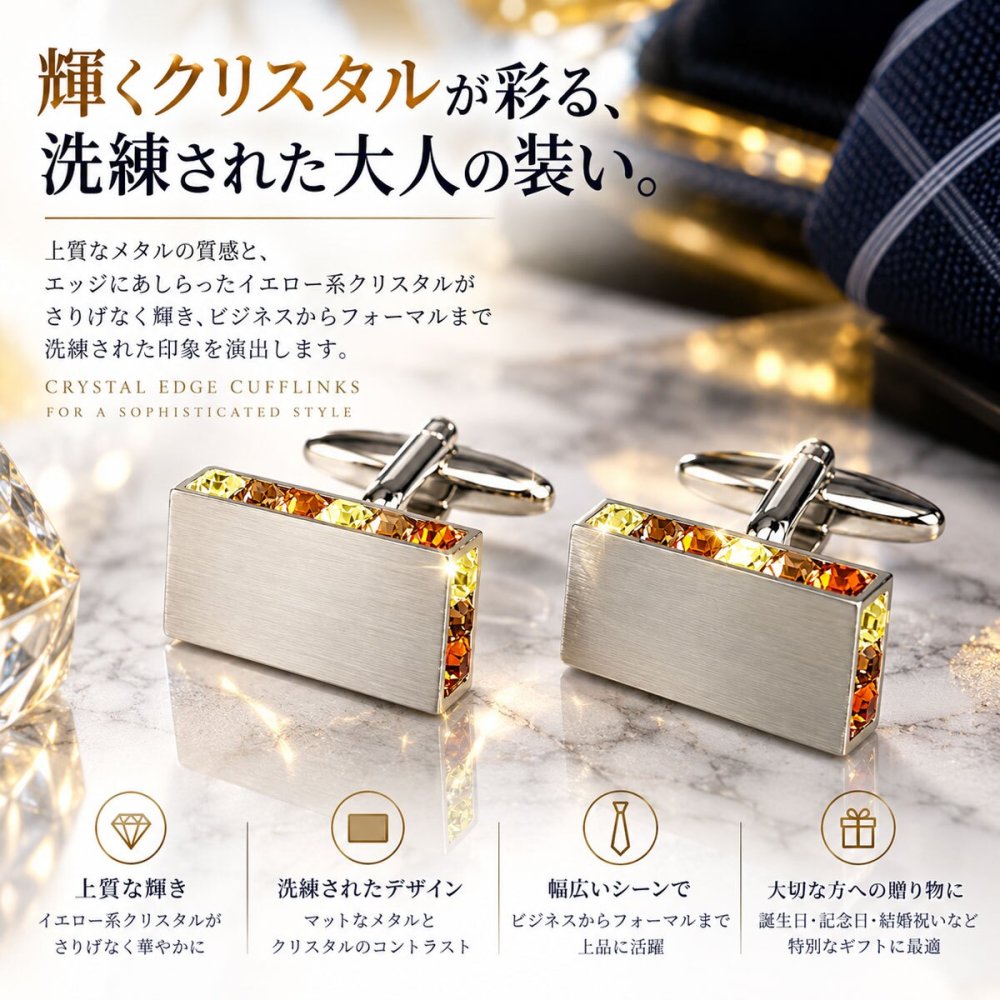 鎌倉カフス工房 エッジイエロークリスタル カフスボタン カフリンクス ec147 シルバー メンズ ビジネス 結婚式 ギフト プレゼント