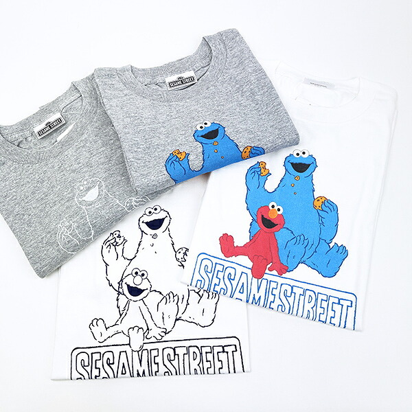 セサミストリート エルモ×クッキーモンスター ユニセックスTシャツ(S) フロッキー ホワイト アパレル