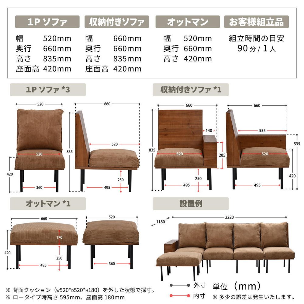 infinite 四人掛けカウチソファー IFSE0324 組合せソファ 一人掛けソファ3脚 肘掛け付きソファ オットマンセット リビング ダイニング セット商品 ヴィンテージ 古材風 天然木 組み合わせソファ ラバーウッド 洗えるカバー コーデュロイ キャンバス