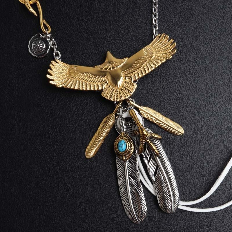 ステンレス ゴールド 特大イーグルネックレス フェザーネックレス インディアンジュエリー ペンダントネックレス メンズネックレス 18KGP 太角 あずきチェーン 太陽メタル 細身 羽根 精巧 立体的 かっこいい 男性 金属アレルギー対応