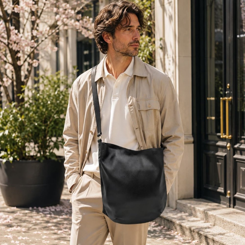 SOLATINA シンプルショルダー大 大容量 ショルダーバッグ 斜め掛け 普段使い 使いやすい シンプル 牛革 メンズ ギフト プレゼント ブラック sbi-00020