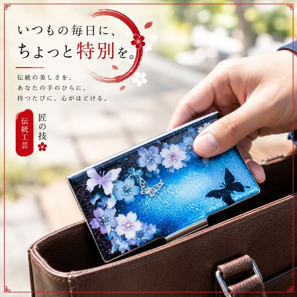 名刺入れ『値』和柄 和風 カードケース 夜桜 伝統工芸 職人 手作り 名入れ 記念日 誕生日 ギフト 送料無料 和風 ハンドメイド 立体彩色 螺鈿風 20代 40代 50代 プレゼント お祝い 還暦 退職 卒業