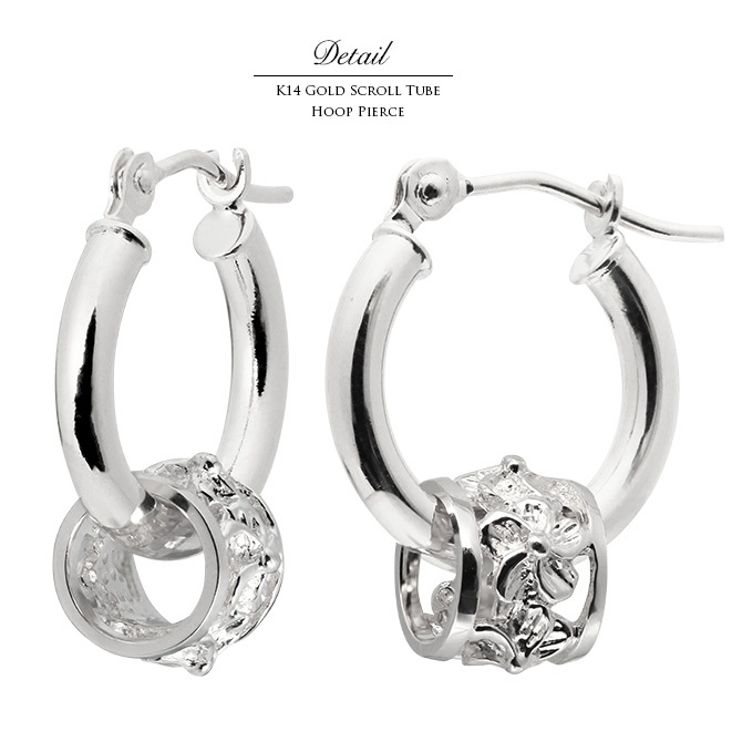 ハワイアンジュエリー フープピアス ピアス ホワイトゴールド ピアス 外径13mm クロッシングピアス ハイビスカス 透かし バレル 樽 小ぶり ゴールド 揺れる 片耳(1個)購入可 K14 14K 0G ゲージ BY THE SEA バイザシー プレゼント ハロウィン 【品番：GE212W】