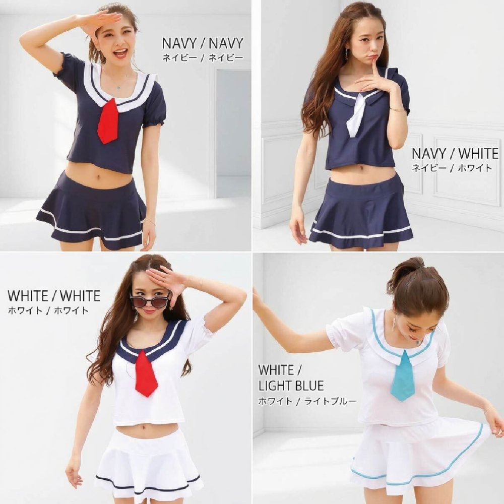 水着素材 コスプレ セーラー服 レディース PixyParty ピクシーパーティー マリンセーラー 3点セット セパレート 水着 コスプレ水着 セーラー水着 スカート付き パッド入り S M L ネイビー ホワイト ライトブルー かわいい セクシー 撮影会 個撮 イベント ハロウィン 仮装