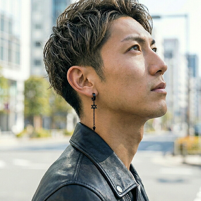 【在庫限り】イヤーカフ 六芒星 チェーン フェイクピアス メンズ レディース アレルギー サージカル ステンレス フープ ノンホール ピアス穴不要 中折れ 黒 片耳 1個 男性 韓国 アクセサリー かっこいい イヤリング