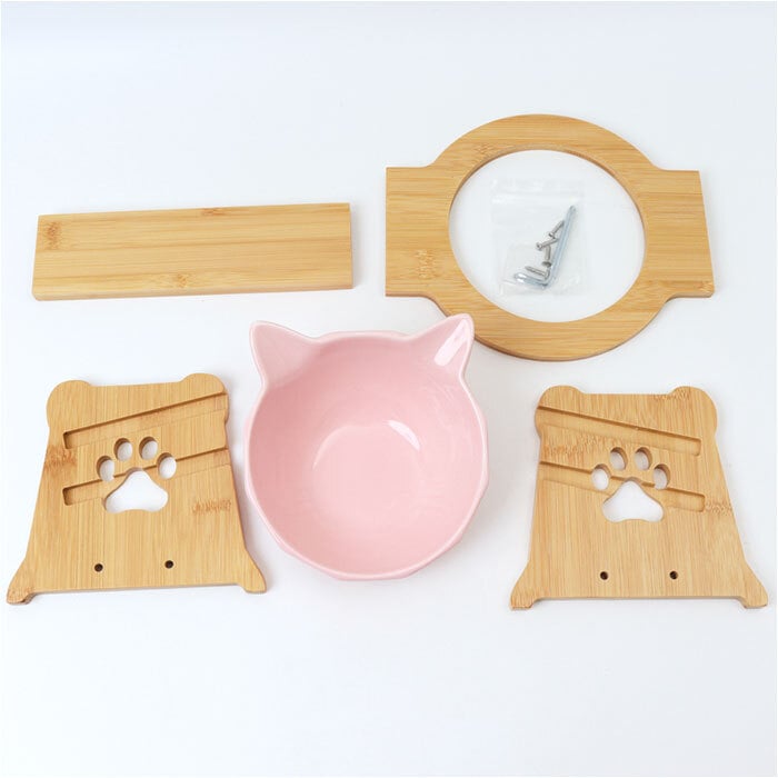 猫用フードボウル 通販 ペット用食器台 陶器製ボウル 斜め高さ調整 食べやすい猫食器 おしゃれな猫型皿 木製スタンド セラミックボウル キャットフード入れ エサ皿水入れ かわいいペット用品 首に優しい設計 傾斜付き食器台 シングルボウル 餌皿スタンドセット 陶器