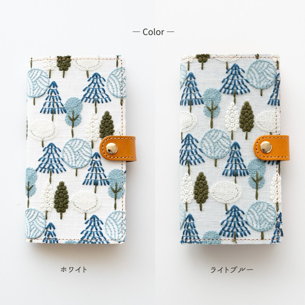 全機種対応 スマホケース 手帳型【 北欧 フォレスト 】 ゴールドパーツ スマホショルダー 刺繍
