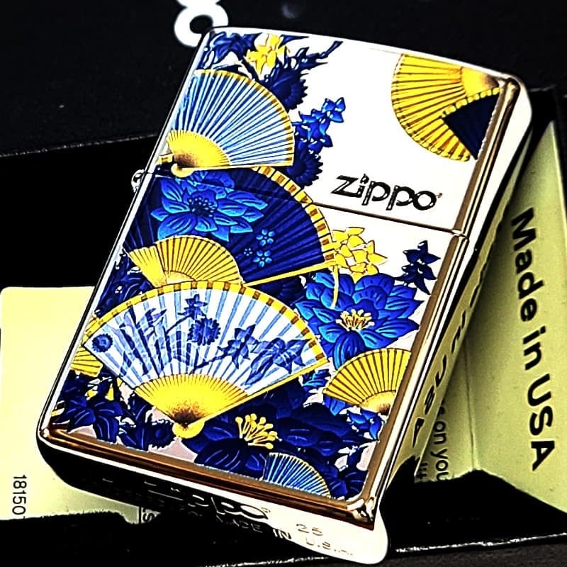 ZIPPO ライター 和柄 扇子 ジッポ シルバー ブルー 和風 センス 青 日本 美しい おしゃれ 華やか レディース メンズ ギフト プレゼント