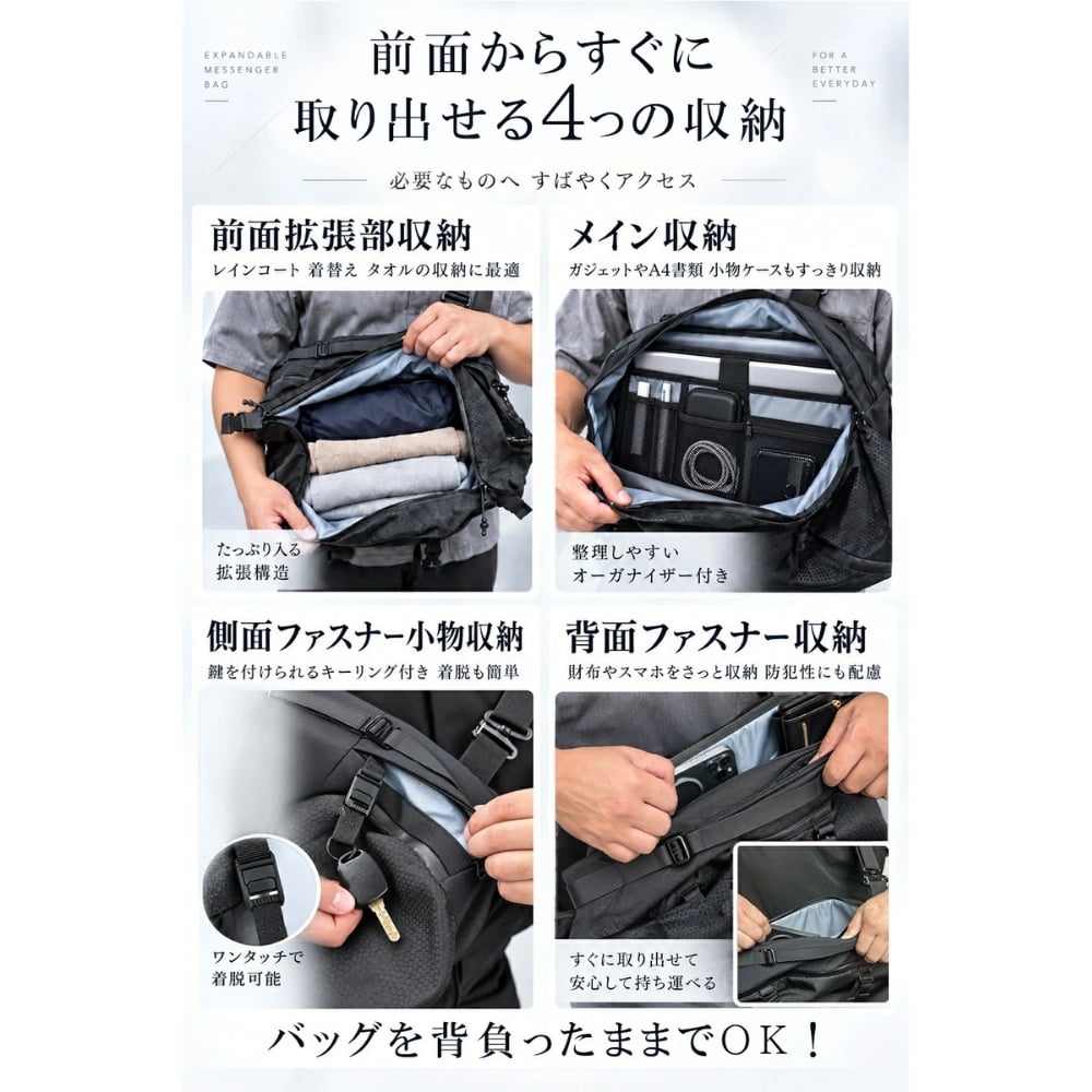 【ラッピング無料】Gran Walker ALPHA-PACK 23L 大容量 拡張式 ボディバッグ メンズ 多機能 スリングバッグ ガジェット収納 通勤 通学 旅行 ギフト 釣り キャンプ