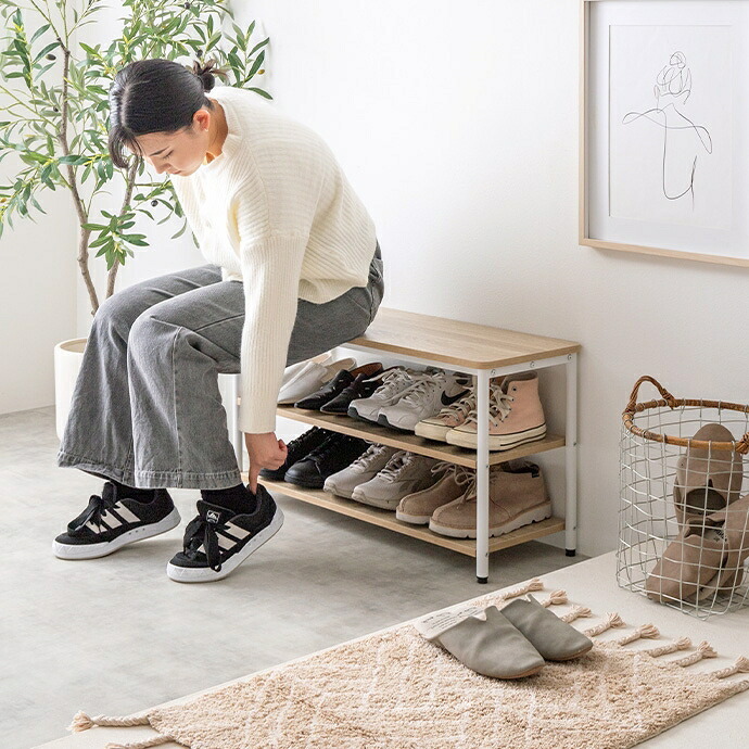 ラック シューズ 3段 ベンチ シェルフ 靴箱 棚 収納 玄関 靴入れ 下駄箱 スリム コンパクト 省スペース オープン サイド 通気性 アジャスター リビング 幅80 家族 ファミリー 新生活