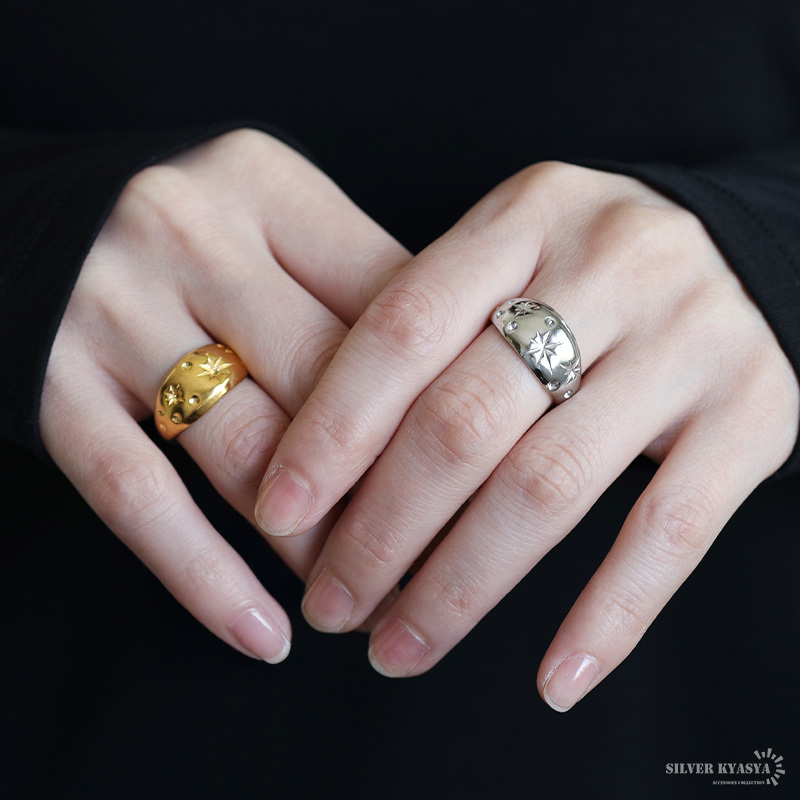 ステンレス 星空のリング 2カラー 月形甲丸 18KGP ゴールド gold シルバー スパークル オープンリング フリーサイズ レディース 女性 指輪 金属アレルギー対応