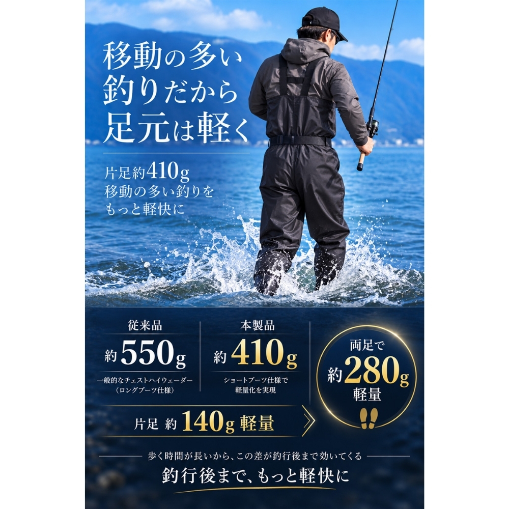GranWalker グランウォーカー ショートブーツ チェストハイウェーダー ラジアルソール 軽量 完全防水 釣りグッズ 渓流 サーフ アウトドア用 キャンプ