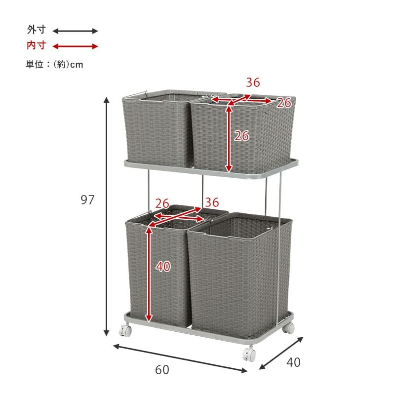 ラック ランドリー 2段 幅60cm カゴ 洗濯かご 4個つき 洗濯機 収納 おしゃれ スリム 縦型 洗濯機収納 ランドリー収納 ホワイト グレー 収納棚 洗濯物 洗面所 脱衣所 新生活
