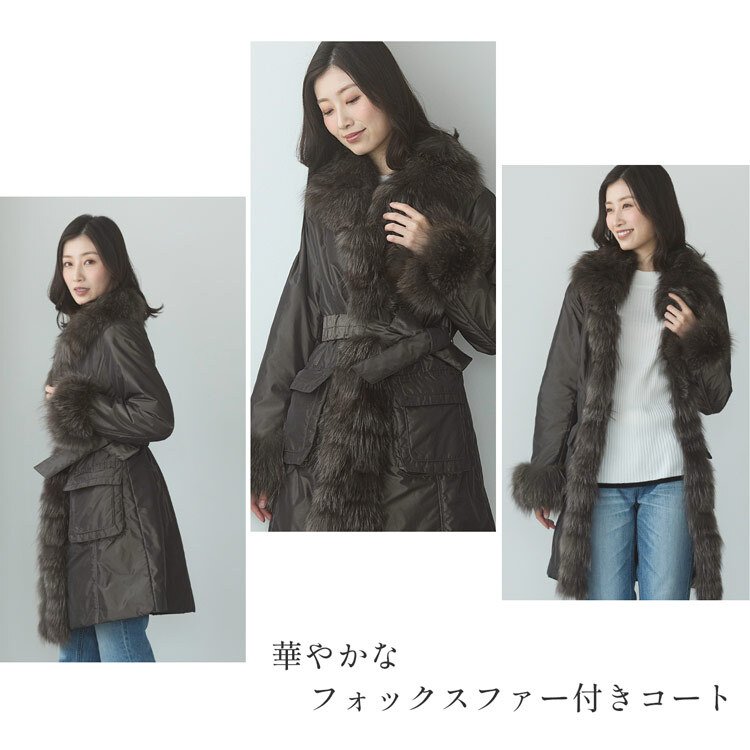 ファー付きコート コート フォックス トリミング ベルト付き レディース 中綿入り シルバーフォックス 冬 アウター レディースコート 中綿コート フォックスファー リアルファー 秋 冬 ギフト プレゼント 6F (02000073r)