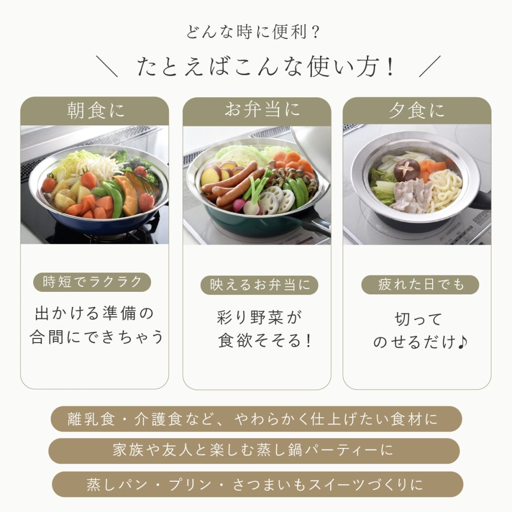 蒸し器 のせるだけで簡単蒸し器 24～26cm 燕三条 日本製 ステンレス 蒸しプレート 蒸しざる フライパン用蒸し器 鍋用蒸し器 フライパンにのせるだけ 蒸し料理 温野菜 蒸し野菜 蒸し鶏 蒸し魚 しゅうまい ヘルシー調理 3～4人 家族 ファミリー まとめ調理 受け皿 2WAY 食洗機対応 レシピ付き キッチン用品 調理器具 新生活 結婚祝い プレゼント ギフト