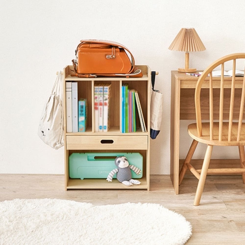 ランドセルラック　子供部屋　キッズファニチャー　サイドフック　教科書　収納棚　引出し　制服　帽子　かばん　掛け　入園　入学　祝い