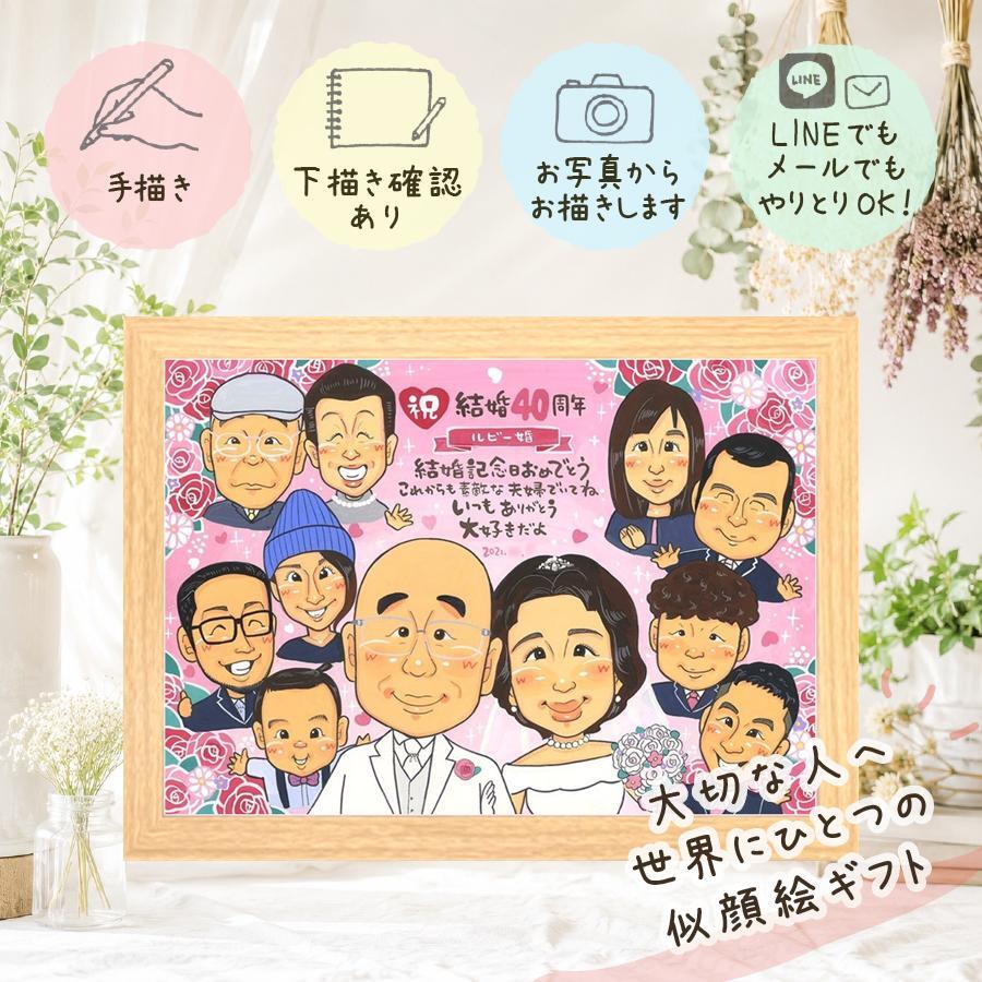 結婚40周年のギフトに、贈った後の反応までうれしい似顔絵です。 結婚記念日 似顔絵 プレゼント 贈り物 名入れ 手描き ギフト 結婚40周年 ルビー婚式 お祝い 記念 大人数 ご両親 ご夫婦 家族 下書き確認 名入れ 修正無料 実績多数 一生もの 似てる そっくり 感謝 ルビー婚式 一生もの 宝物 40周年 バレンタインデー 白寿祝い 感謝の品 披露宴 キレイ イラスト お祝いの品 米寿祝い 色紙