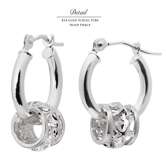 ハワイアンジュエリー フープピアス ピアス ホワイトゴールド ピアス 外径13mm クロッシングピアス プルメリア 透かし バレル 樽 小ぶり ゴールド 揺れる 片耳(1個)購入可 K14ホワイトゴールド 20G ゲージ BY THE SEA バイザシー プレゼント ハロウィン 【品番：GE211W】