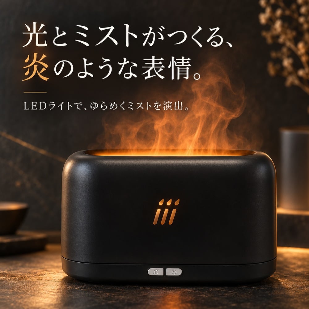 加湿器 炎 ゆらぎ 180ml 卓上 アロマ対応 アロマディフューザー 超音波式 LED 上から給水 上部給水 おしゃれ べランピング ギフト プレゼント 父の日 母の日 敬老の日 ベッドルーム ベッドサイド 間接照明