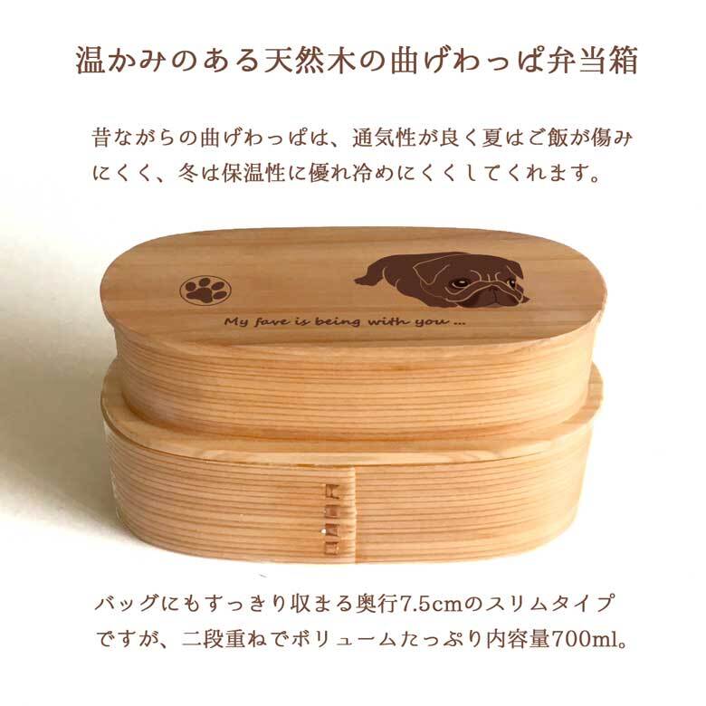 Fave パグ スリム入子型 曲げわっぱ 弁当箱  天然木 二段 わっぱ 木製 スリム オリジナル ブルドッグ 犬 ペット 動物 アニマル ホワイトデー