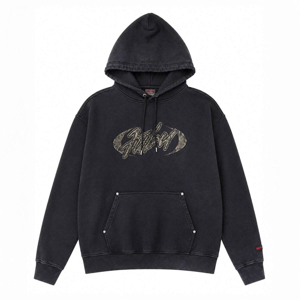 FUBU フブ パーカー メンズ レディース fam-62704 フェイクレザー パッチ フーディー プルオーバー スウェット ウォッシュ加工 ビッグシルエット ストリート ヒップホップ ダンス カジュアル トップス M L XL XXL 2026FW Karlas