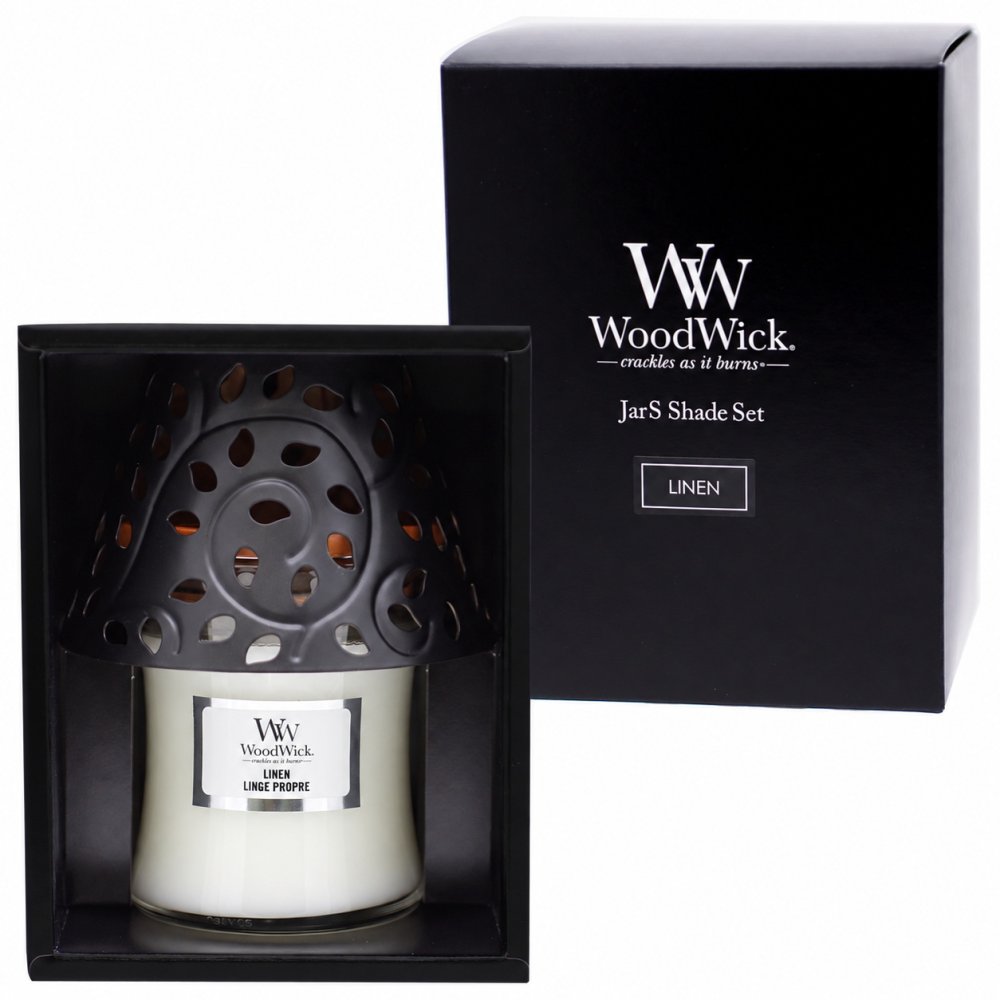 アロマキャンドル ギフト WoodWick ウッドウィック ジャーS 復刻 シェードセット 木製芯の焚き火キャンドル パチパチ音 ホワイトティー＆ジャスミン リネン 化粧箱入り ラッピング無料 メッセージカード無料 クリスマス 誕生日 お礼 プレゼント Sakuya