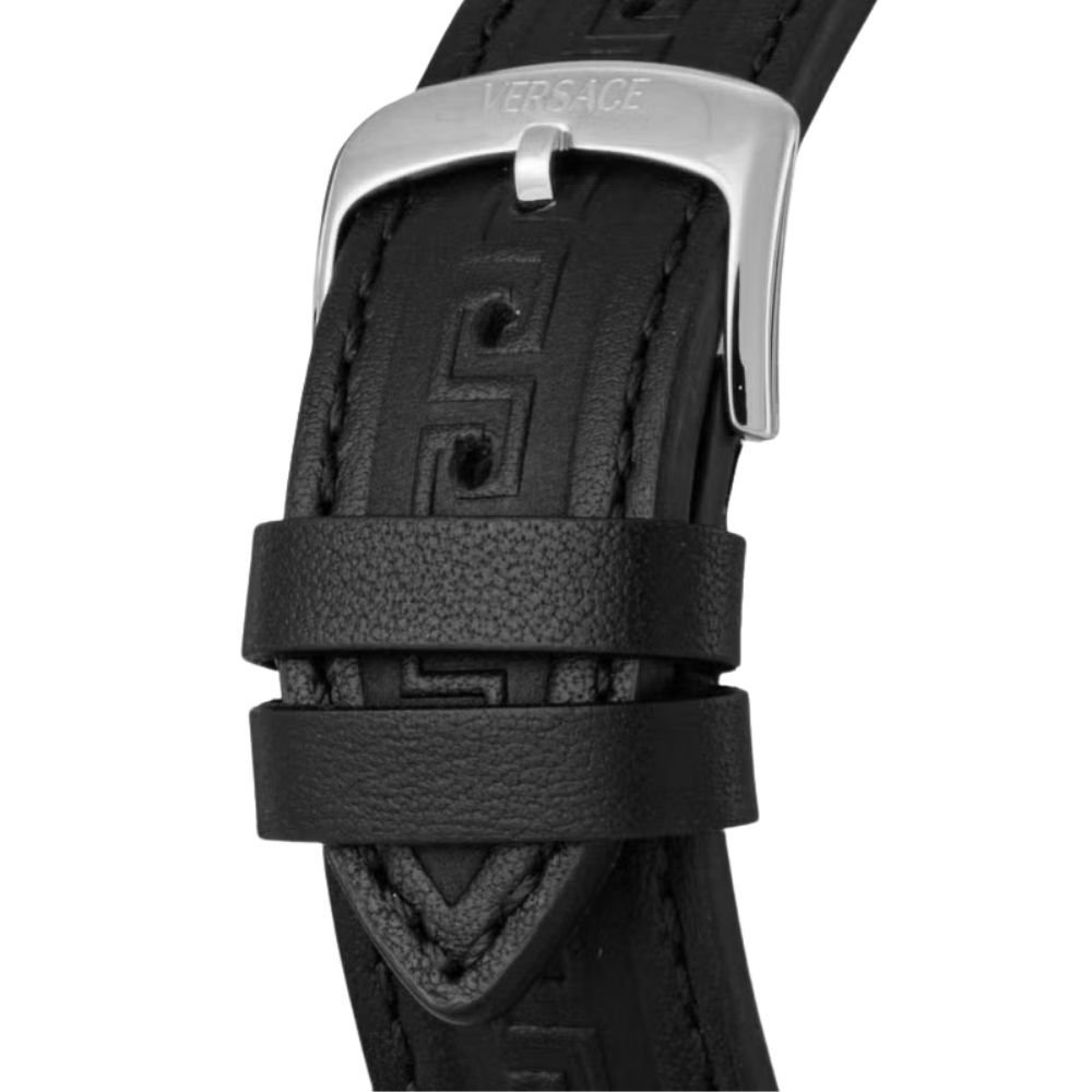 ヴェルサーチェ 腕時計 メンズ ブラック シルバー ゴールド クロノグラフ 44mm VERSACE SPORTY TONNEAU GRECA スポーティ トノー グレカ 黒 レザー 革ベルト スイス製 高級 ブランド プレゼント ギフト 卒業 入学 お祝い