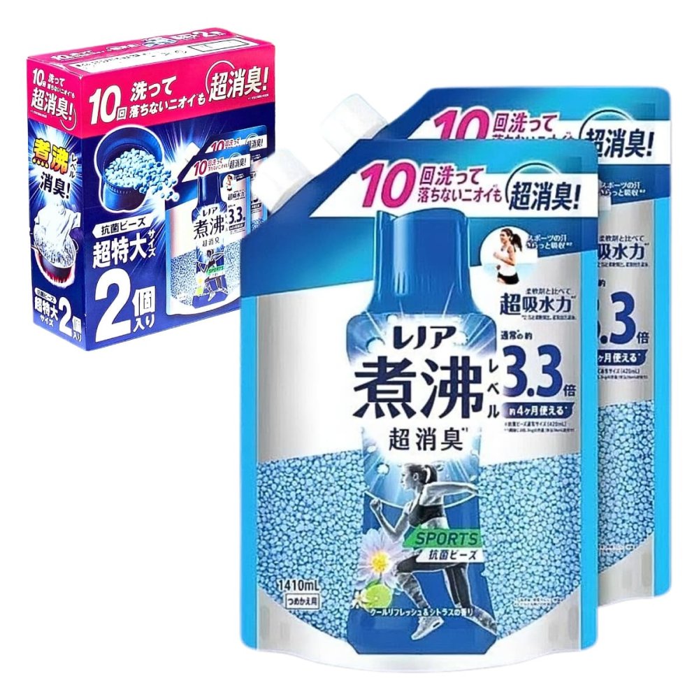 レノア（P＆G）煮沸レベル　消臭抗菌ビーズ　スポーツクールリフレッシュ&シトラスの香り 1410ml×2　詰め替え用　消臭　抗菌ビーズ　洗濯槽防カビ対応　用途（綿、毛、絹、化学繊維） 衣類用消臭剤