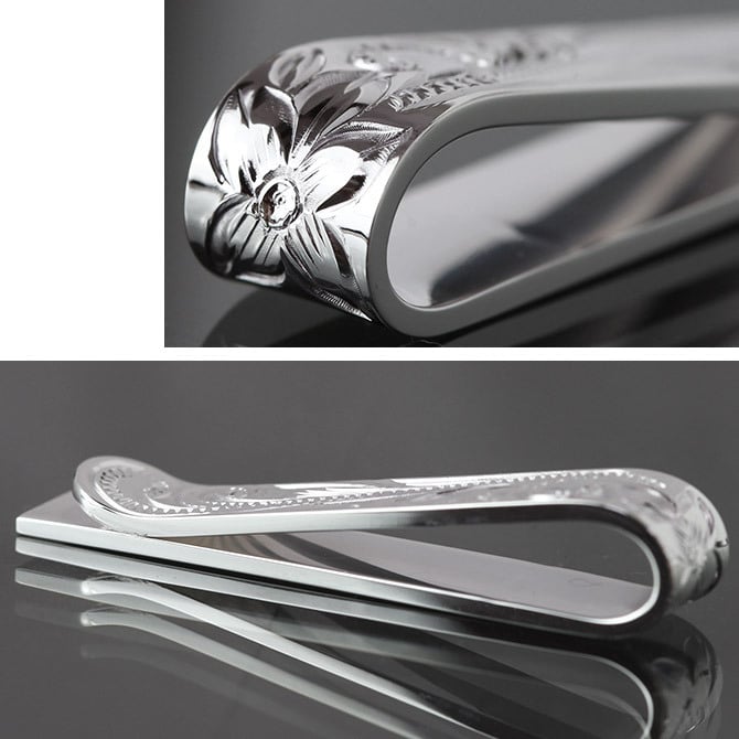 マネークリップ 幅8mm 名入れ 刻印 無料 誕生石入れ可 シルバー925 札ばさみ ハワイアンジュエリー スクロール柄 シンプル スマート会計 札入れ ブランド メンズ レディース 誕生日 プレゼント ハロウィン 【品番：SMCM102】