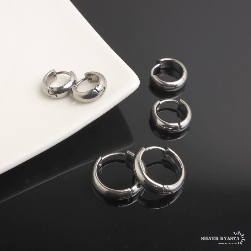 ステンレス 定番 フープピアス シンプルピアス ゴールド シルバー 幅4mm 3サイズ プチプラ メタル 小さめ 細身 プレーン ノーマル セカンド つやつや 両耳2点 レディース 女性 イヤリング 金属アレルギー対応