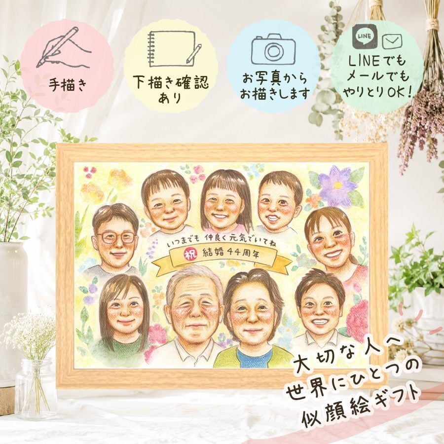 似顔絵 プレゼント 結婚記念日 贈り物 ギフト 手描き 名入れ 結婚記念日 金婚式 結婚30周年 お祝い 周年記念 結婚10周年 記念日 大人数 家族 お母さん 両親 夫婦 お父さん 名入れ 修正無料 下書き確認 実績多数 かわいい 親孝行 サプライズ 思い出 記念 結婚記念日 感謝 イラスト お祝いの品 米寿祝い 初任給 還暦祝い オリジナル 二次会 ウェディングギフト