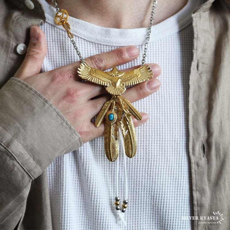 ステンレス ゴールド 特大イーグルネックレス フェザーネックレス インディアンジュエリー ペンダントネックレス メンズネックレス 18KGP 太角 あずきチェーン 細身 羽根 精巧 立体的 かっこいい 男性 金属アレルギー対応