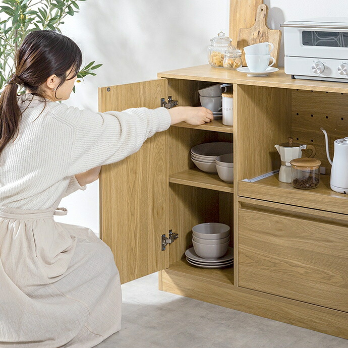 食器棚 キッチン収納 コシーナ レンジ台 ラック キッチンボード カップボード 収納 カウンター 皿 鍋 台所 コンセント付き 2口 家電 大容量 置き台 ワゴン ダイニング 食器入れ 米びつ スライドトレー 可動棚 扉 引き出し：