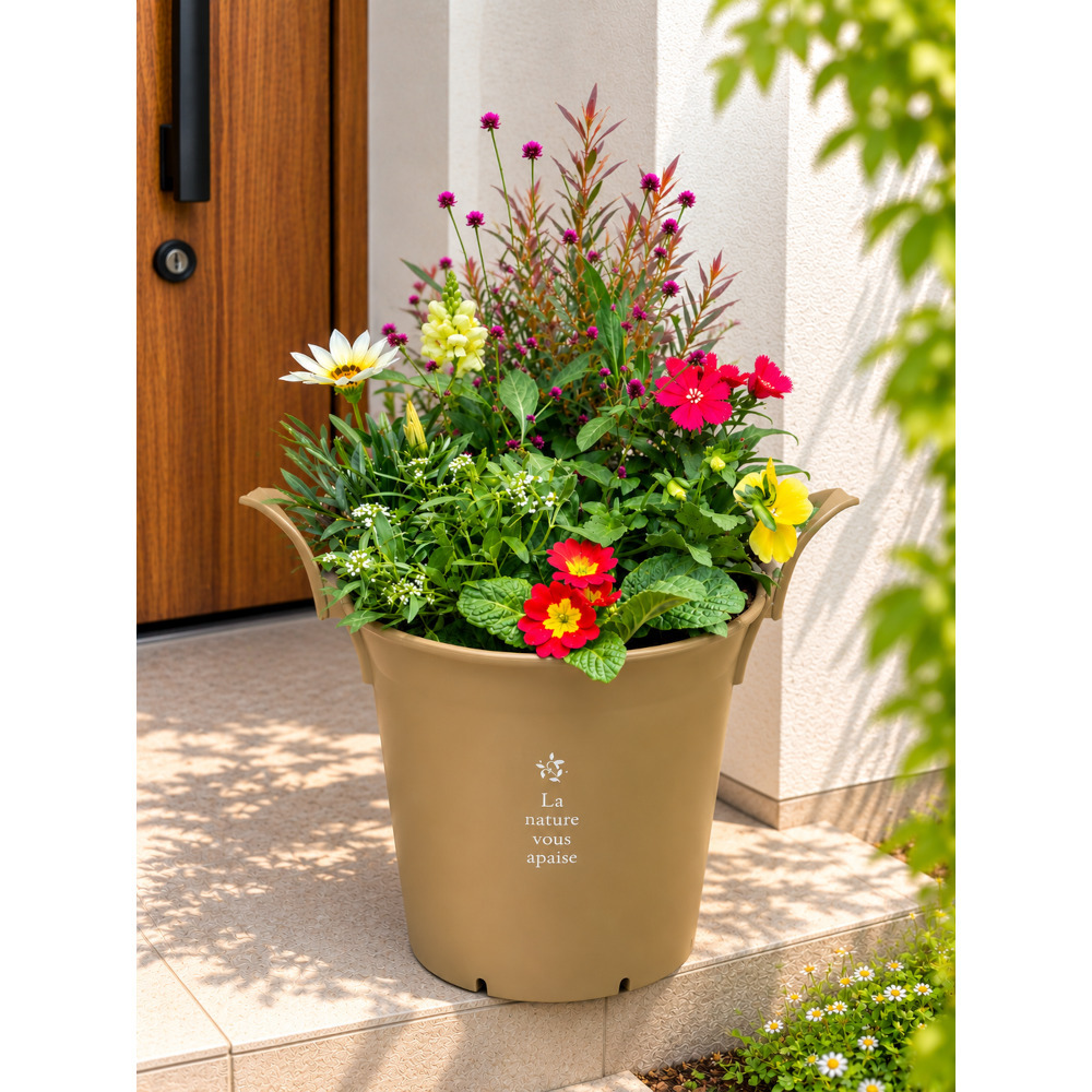 季節の寄せ植え La nature ハンドリーポット 内径24cm （シナモン・4色展開）６～7種類のお花で構成 鉢植え ラッピング不可 ギフトメッセージOK