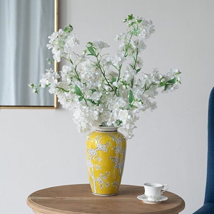 シノワズリ 壺 高さ27cm 縦型 イエロー 磁器 ジャー 花びん 花瓶 花器 ディスプレイ 置物 風水 開運